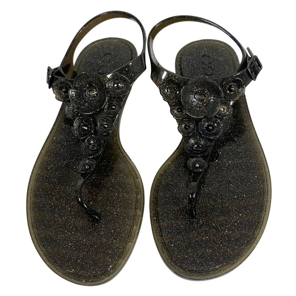 COACH Thong Jelly Sandal Tea Rose T-Strap Flat Shoe Black Glitter Womens Size 7B